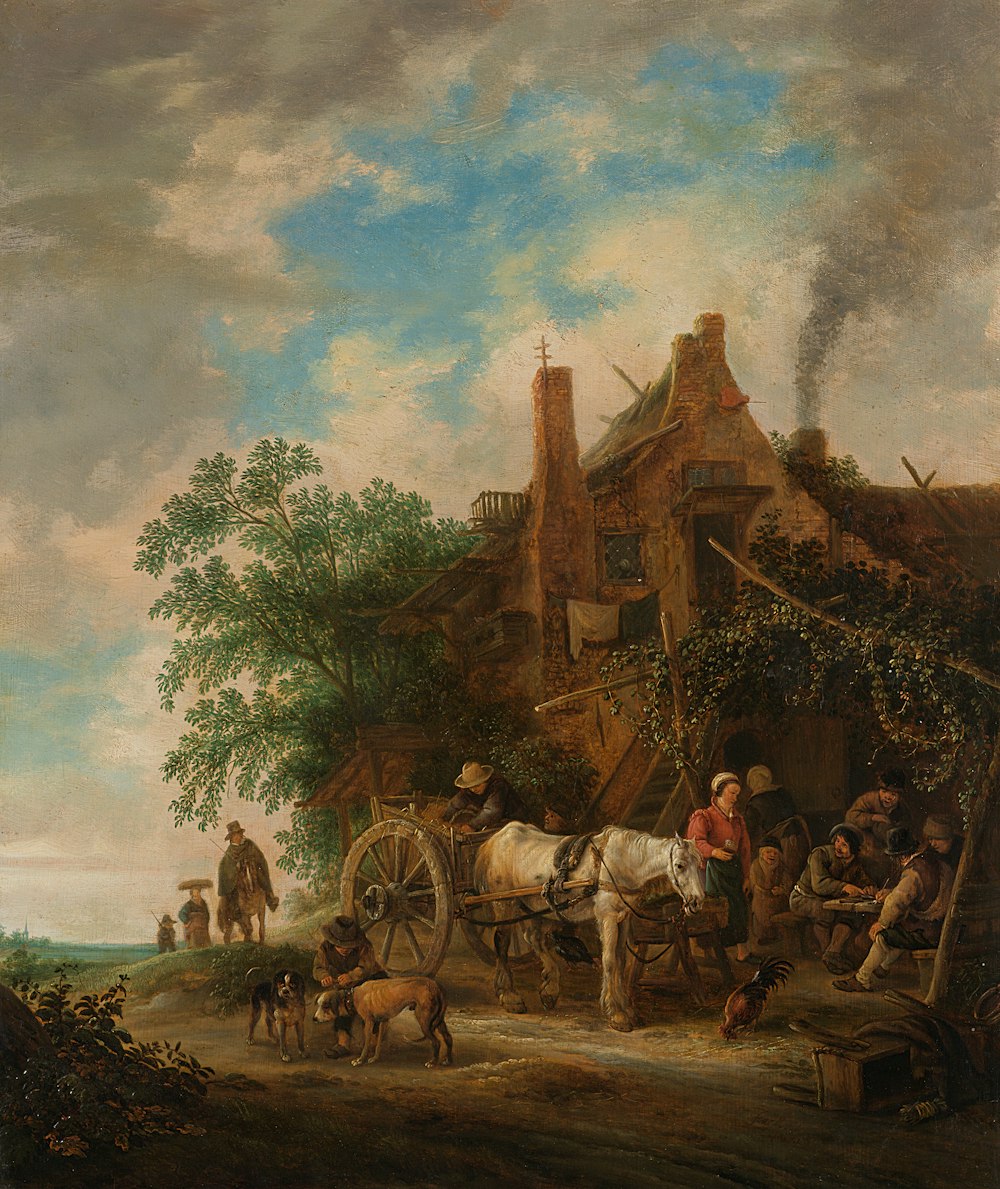 Persone che cavalcano a cavallo vicino alla casa di legno marrone sotto le nuvole bianche ed il cielo blu durante il giorno