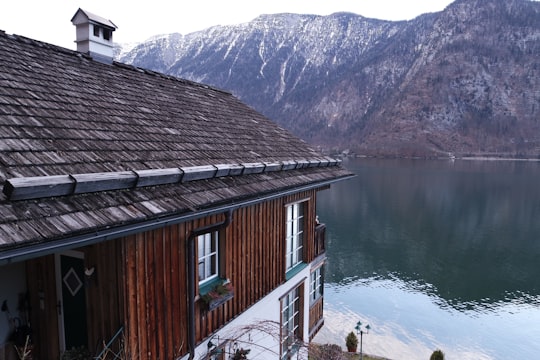 brown wooden house near lake and mountain during daytime in Hallstätter See Austria