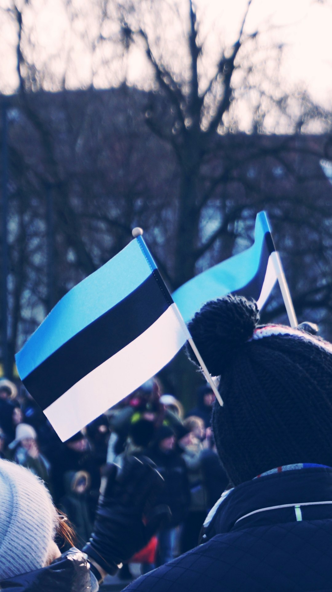 person holding blue and white striped flag