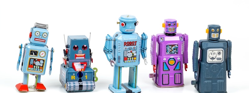 5 unique retro-looking plastic robot toys in a row
