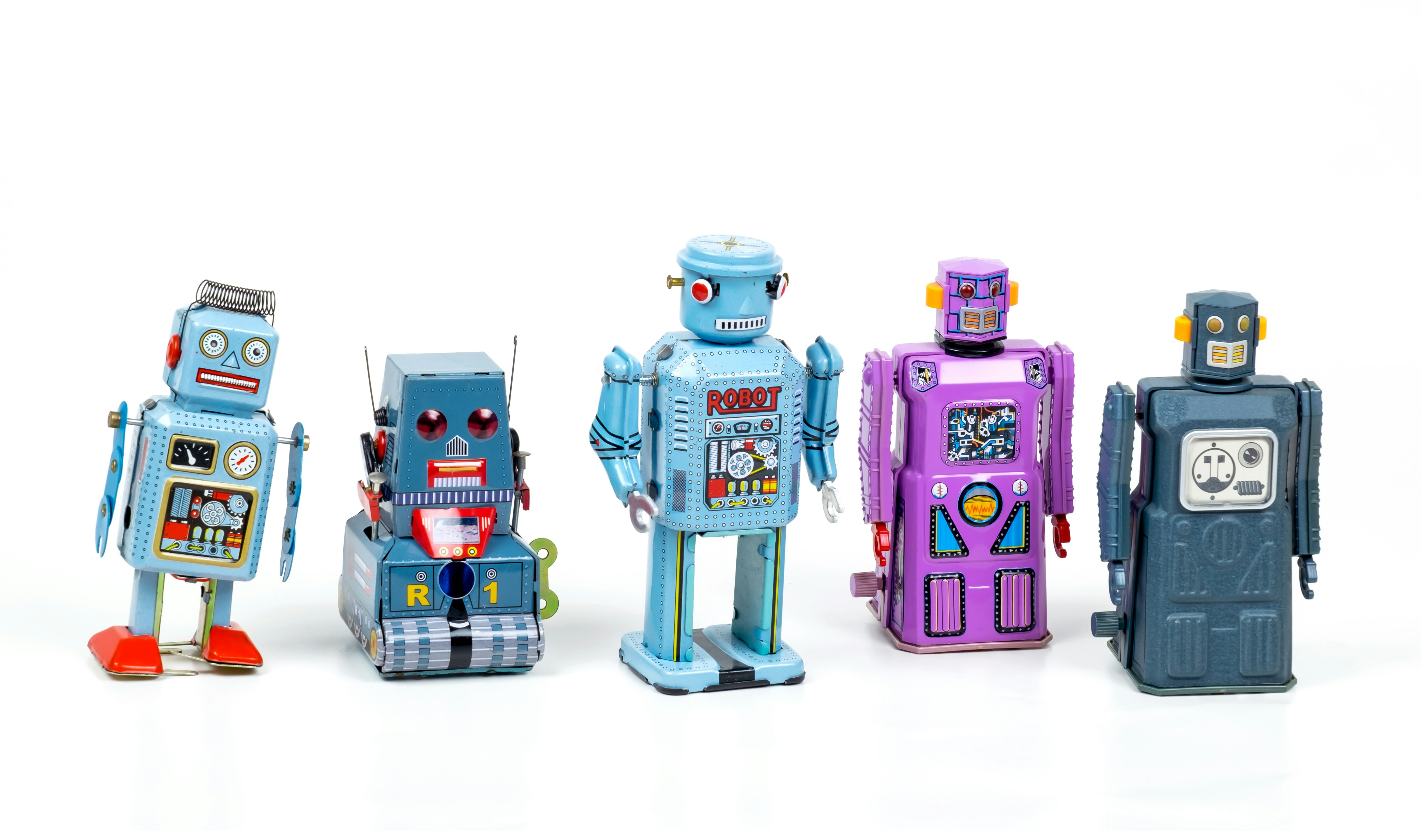 Little toy robots, collection of blue and pink colored