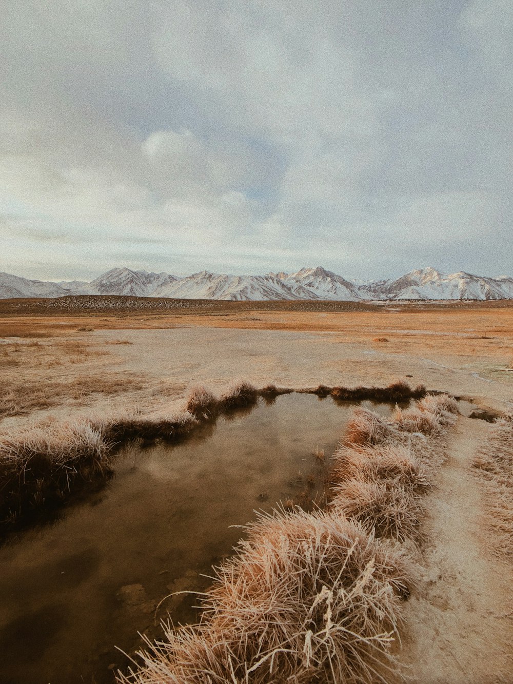 brown grass field near mountains under white clouds during daytime