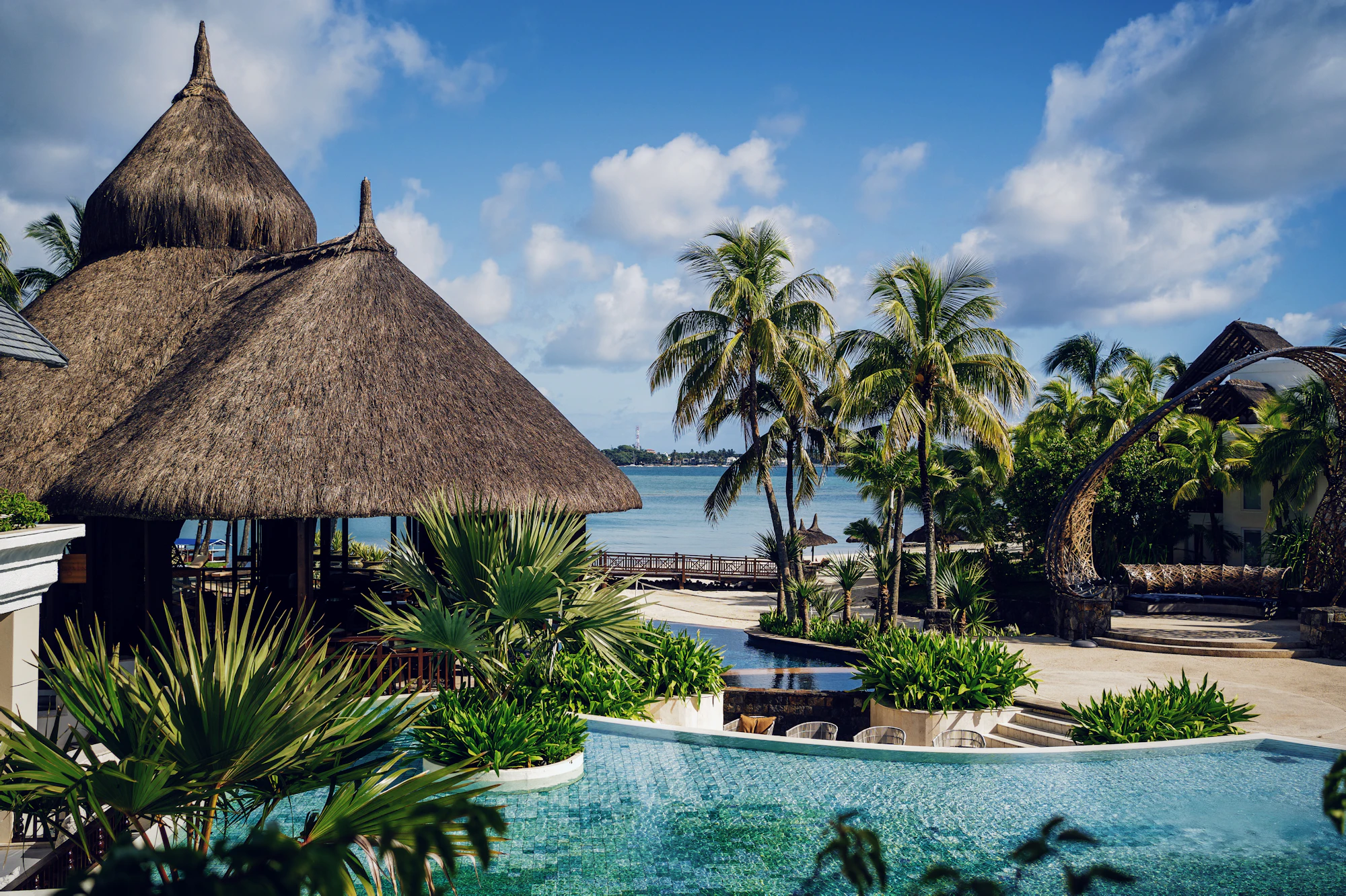 Pool and thatched pavilion in Trou d'Eau Douce, Mauritius