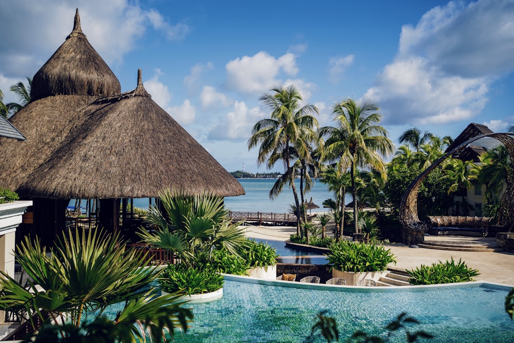 brown nipa hut near swimming pool during daytime