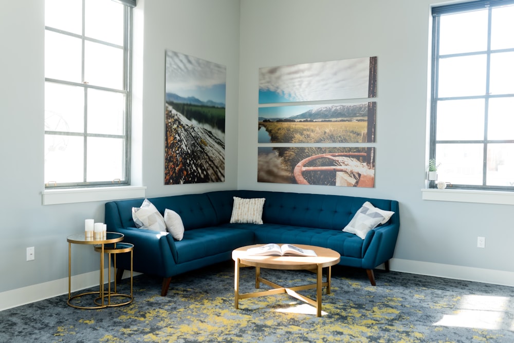 blue and white sofa near window