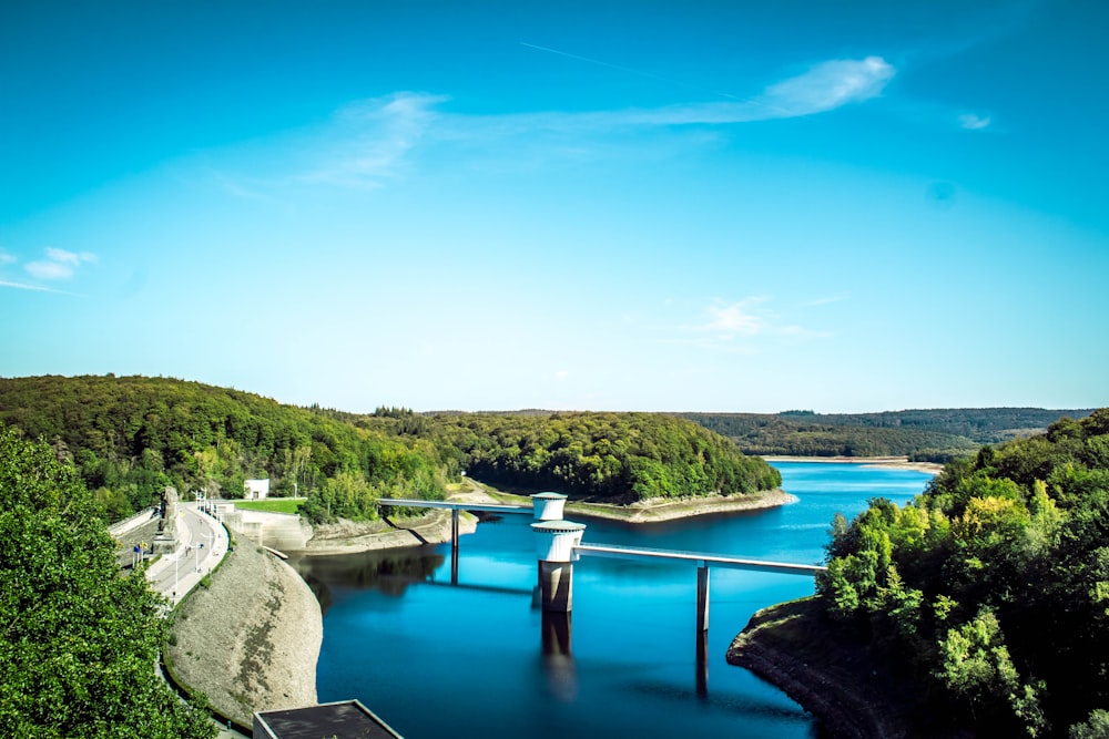 woman in white shirt standing on gray concrete bridge over blue lake during daytime