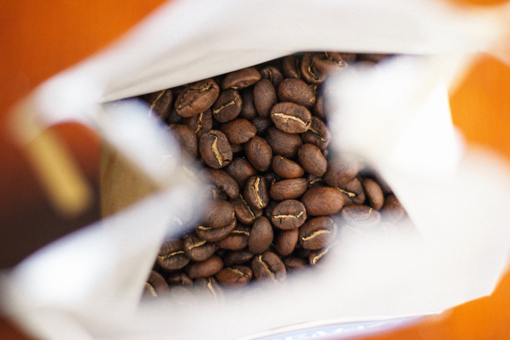 grains de café bruns sur récipient en plastique blanc