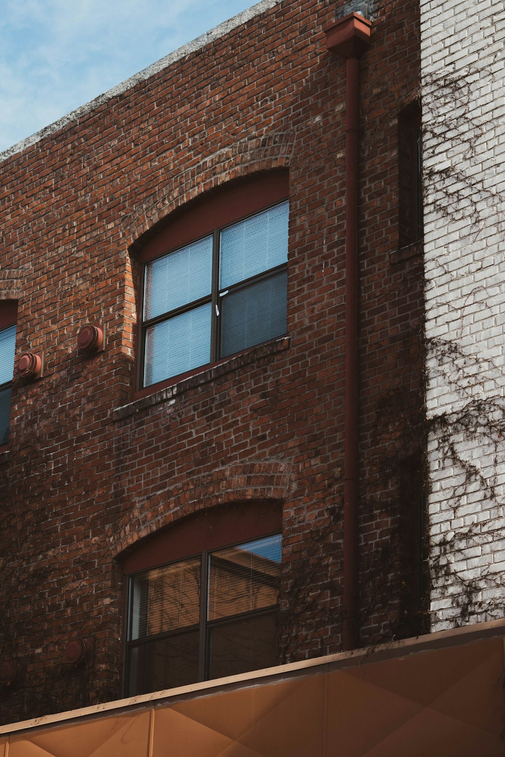 ガラス窓のある茶色のレンガ造りの建物