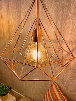 gold pendant lamp turned on near green plant