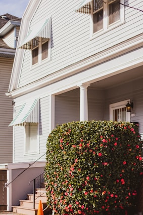 A well-maintained exterior of a house with light-colored siding and green-and-white striped awnings above the windows. A large, neatly trimmed shrub with numerous red flowers is positioned near the entrance, next to a small set of stairs leading to the front door. The bright sunlight casts soft shadows, suggesting a clear day.