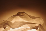 An artistic installation featuring layered translucent fabrics illuminated with soft light.