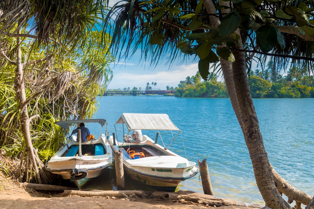 white and blue boat on sea shore during daytime