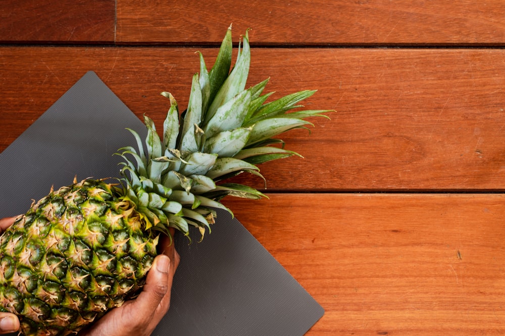 person holding pineapple fruit near brown wooden wall