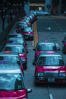 A fleet of taxis parked in a neat row ready for service.