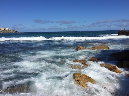ocean waves crashing on brown rock formation under blue sky during daytime in Bondi Australia