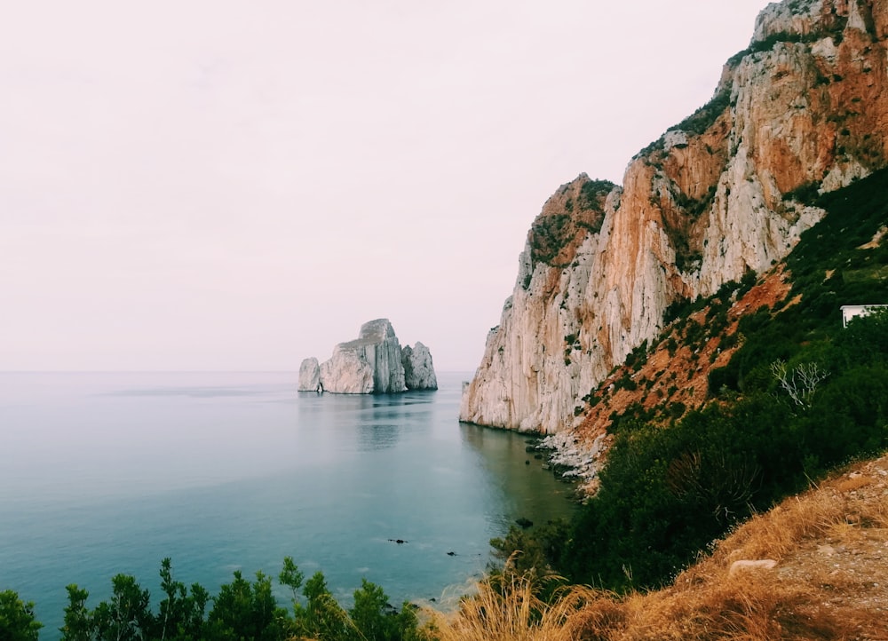 brown and green rock formation beside body of water during daytime