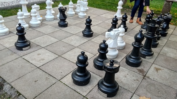 A large chess set with oversized black and white pieces placed on a checkered outdoor board made of stone tiles. A person is partially visible, interacting with the pieces. Surrounding the chessboard is a grassy area with a few scattered leaves.