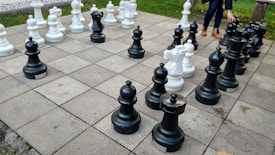 A large chess set with oversized black and white pieces placed on a checkered outdoor board made of stone tiles. A person is partially visible, interacting with the pieces. Surrounding the chessboard is a grassy area with a few scattered leaves.