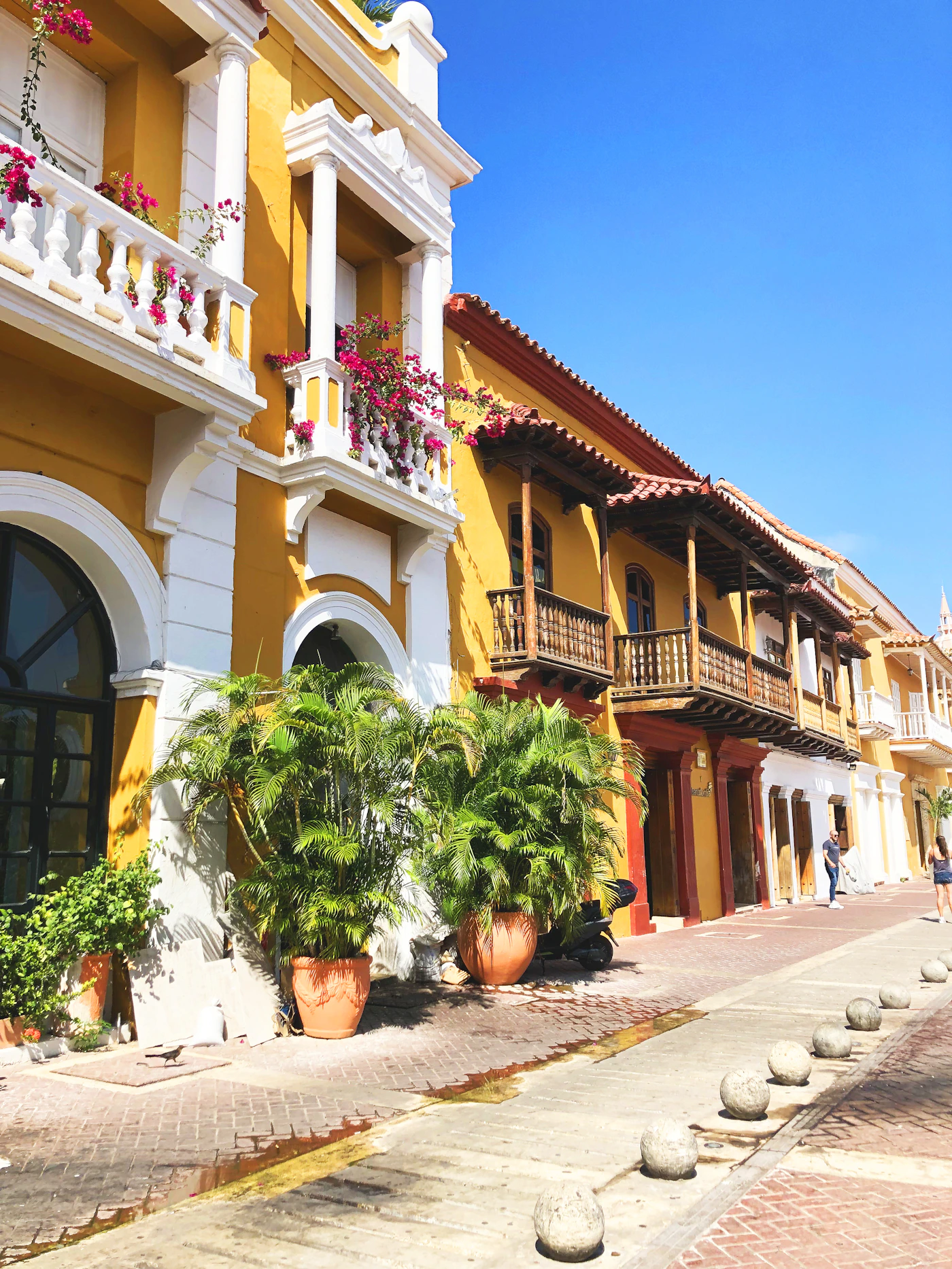 Empty cobblestone street in Cartagena's walled city at early morning with golden light on the colonial facades