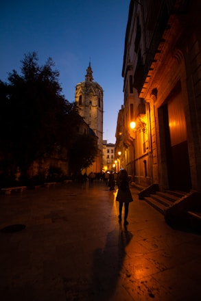 people walking on sidewalk near building during night time