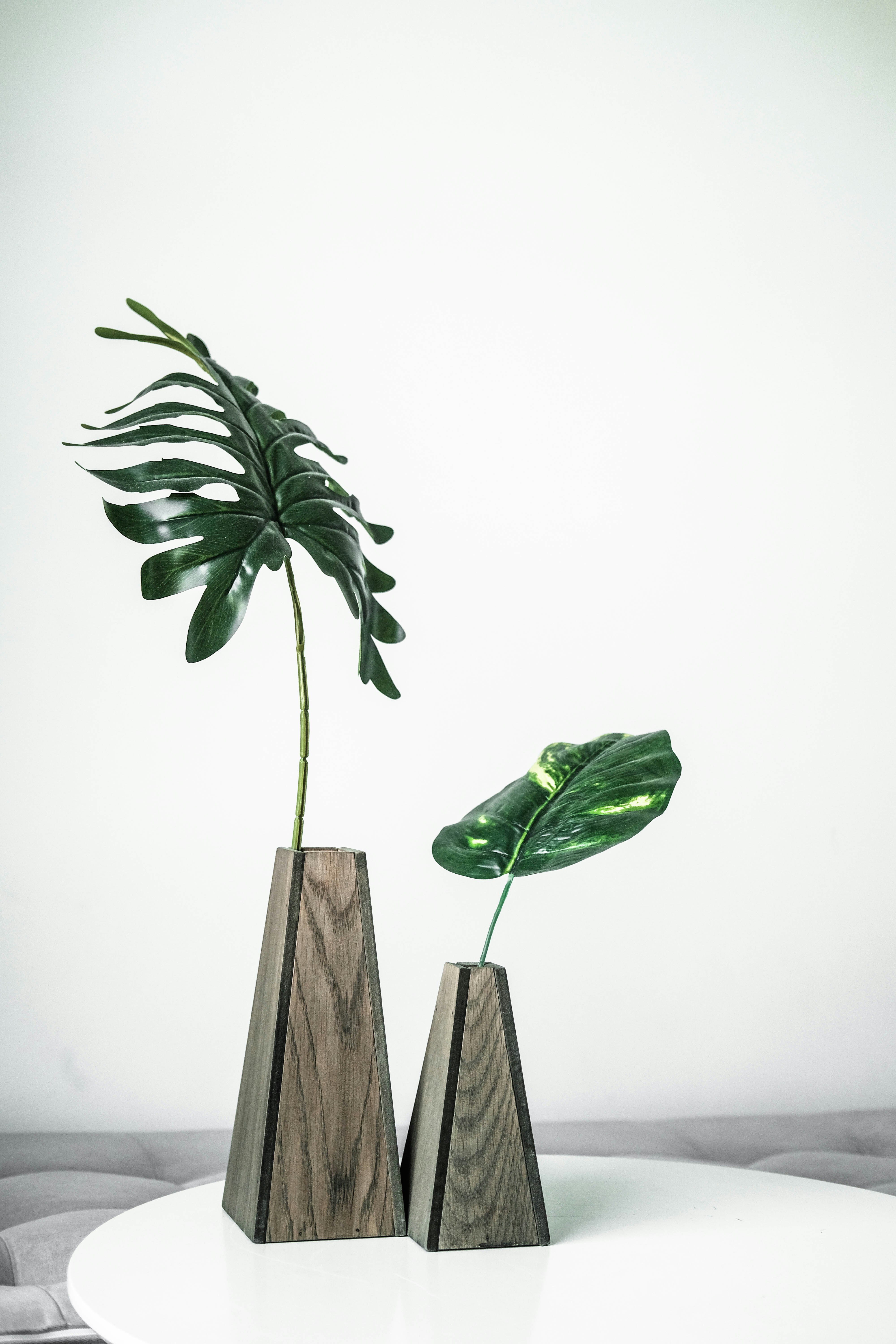 wooden vases with foliage 