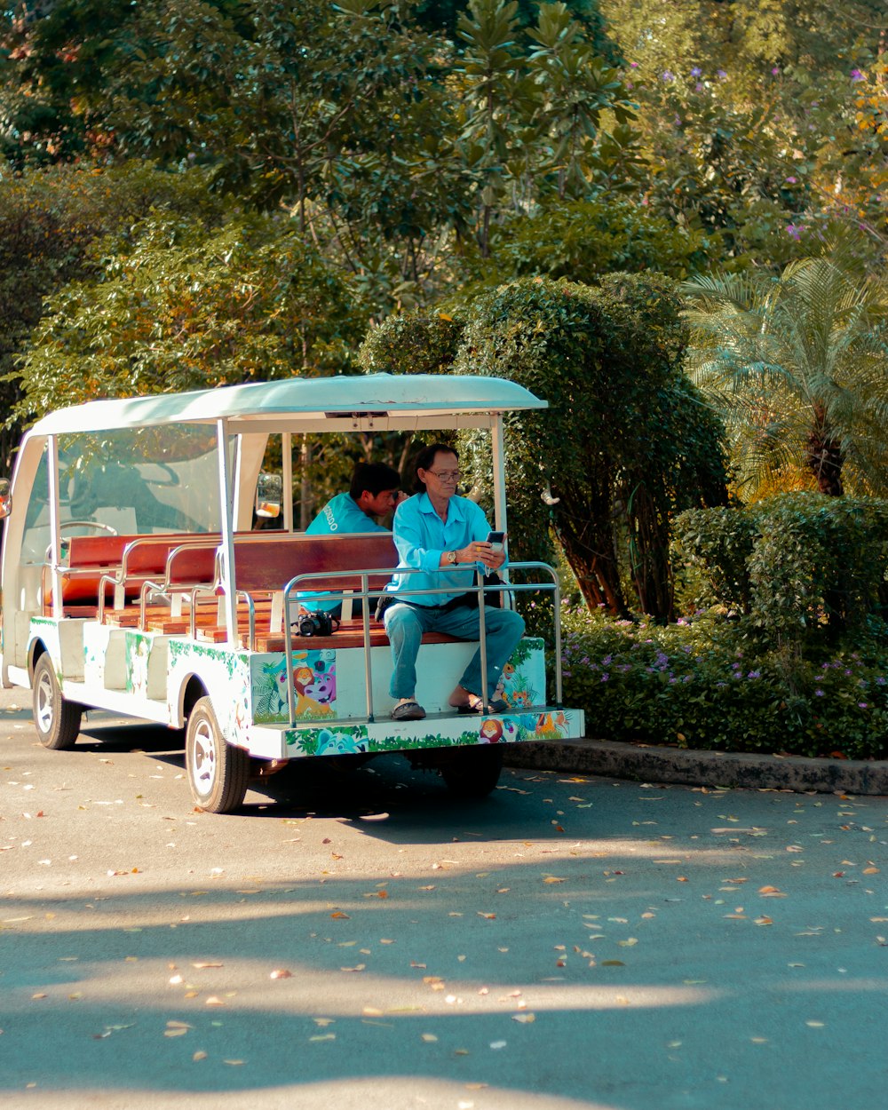 white and green floral van on road during daytime