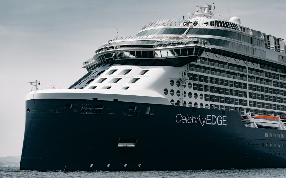 a large cruise ship in the water with a sky background