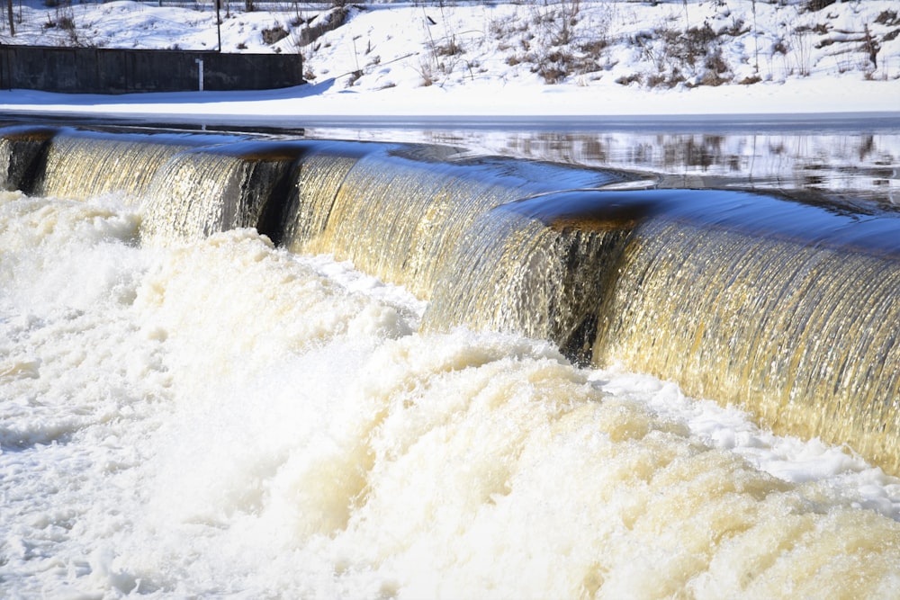 water falls on snow covered ground