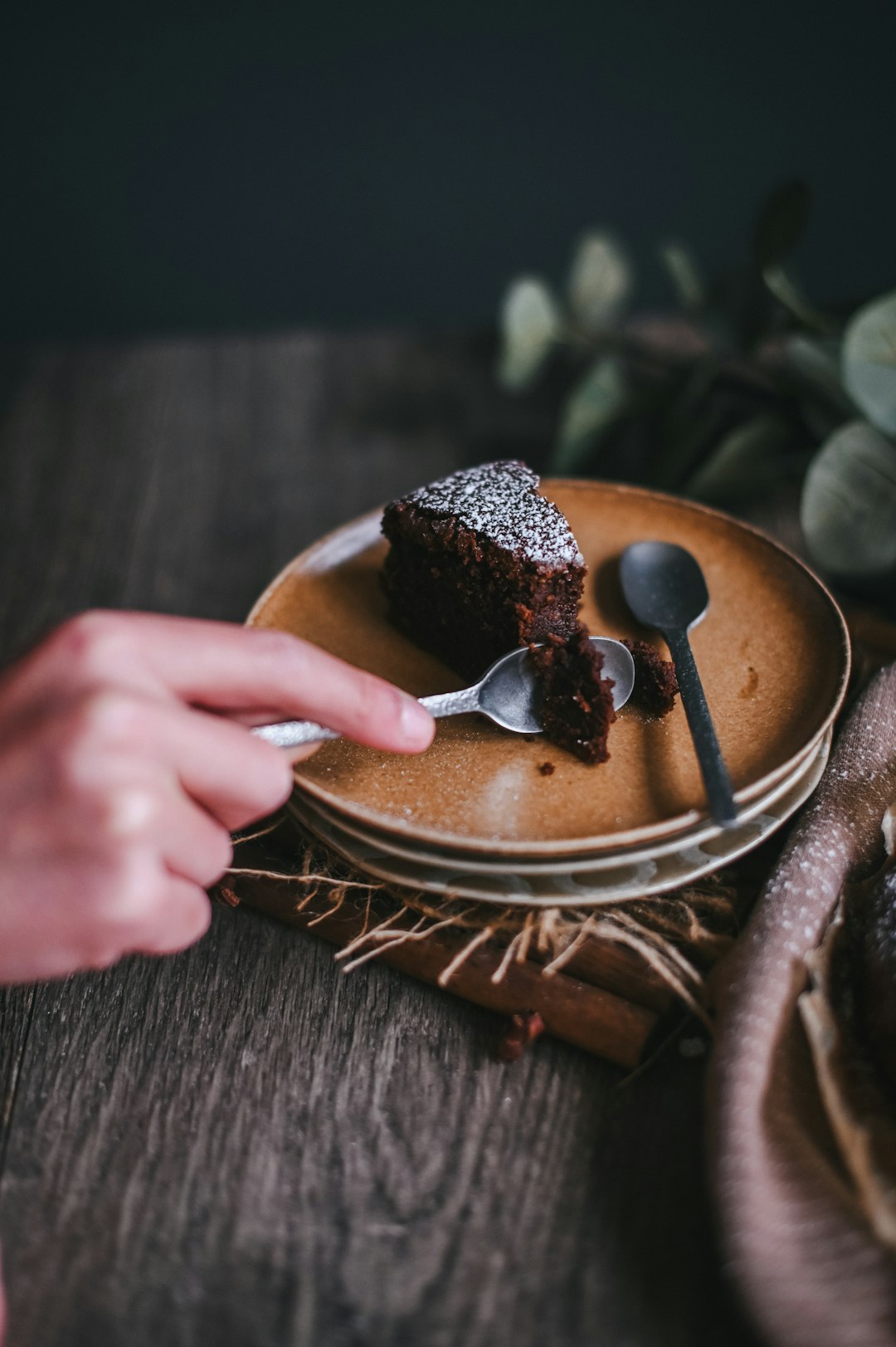 person holding brown and black chocolate cake