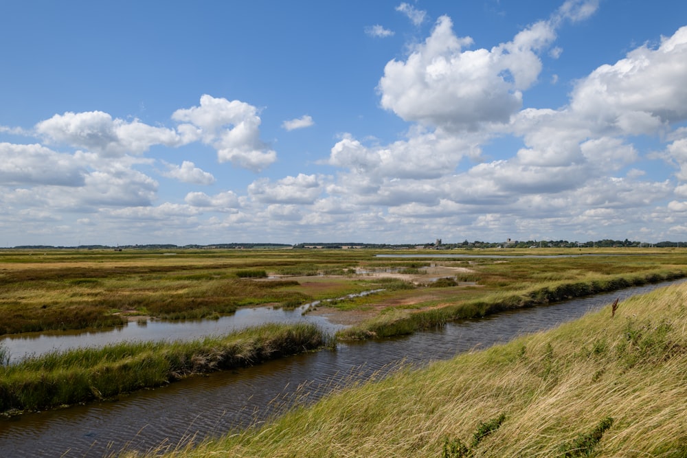 green grass field near river under blue sky during daytime