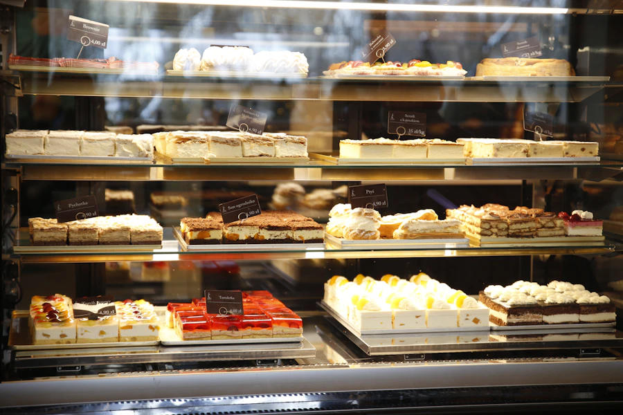 Assorted flaky pastries arranged on a bakery display counter