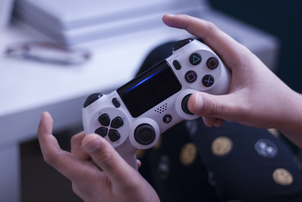 person holding white and black game controller