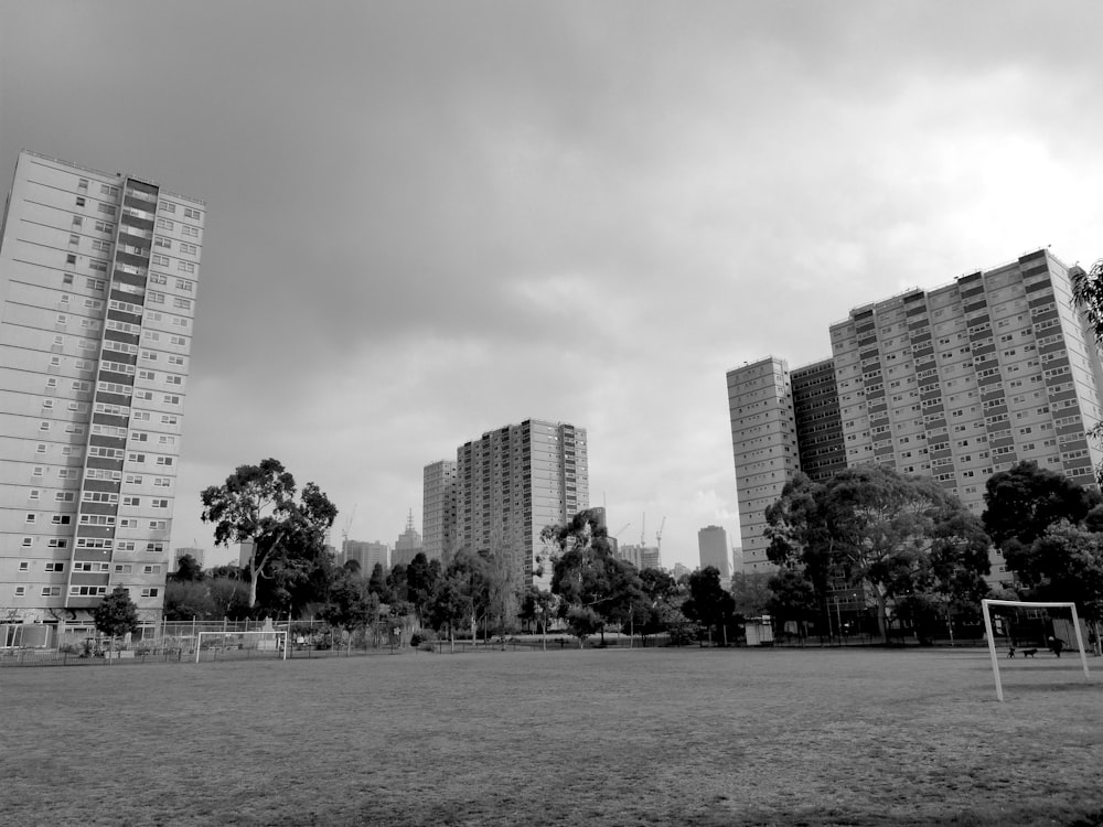 grayscale photo of high rise buildings