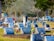 A cemetery with several gravestones placed in rows, some with flowers and small American flags. The background includes tall trees and sparse foliage, and the gravestones vary in shape and size, with some decorated with colorful floral arrangements.