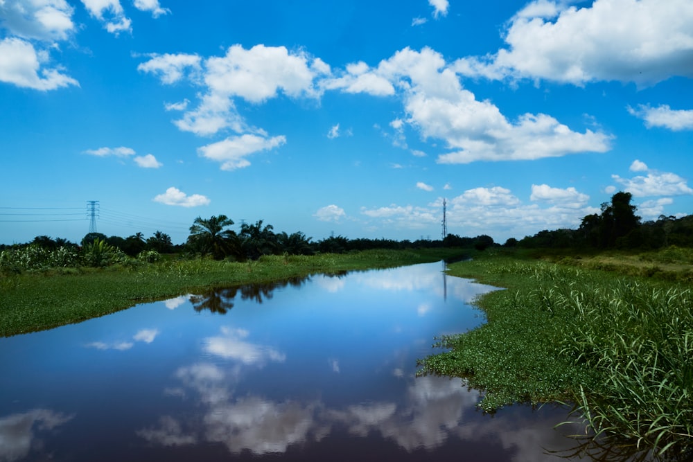 green grass field near lake under blue sky and white clouds during daytime