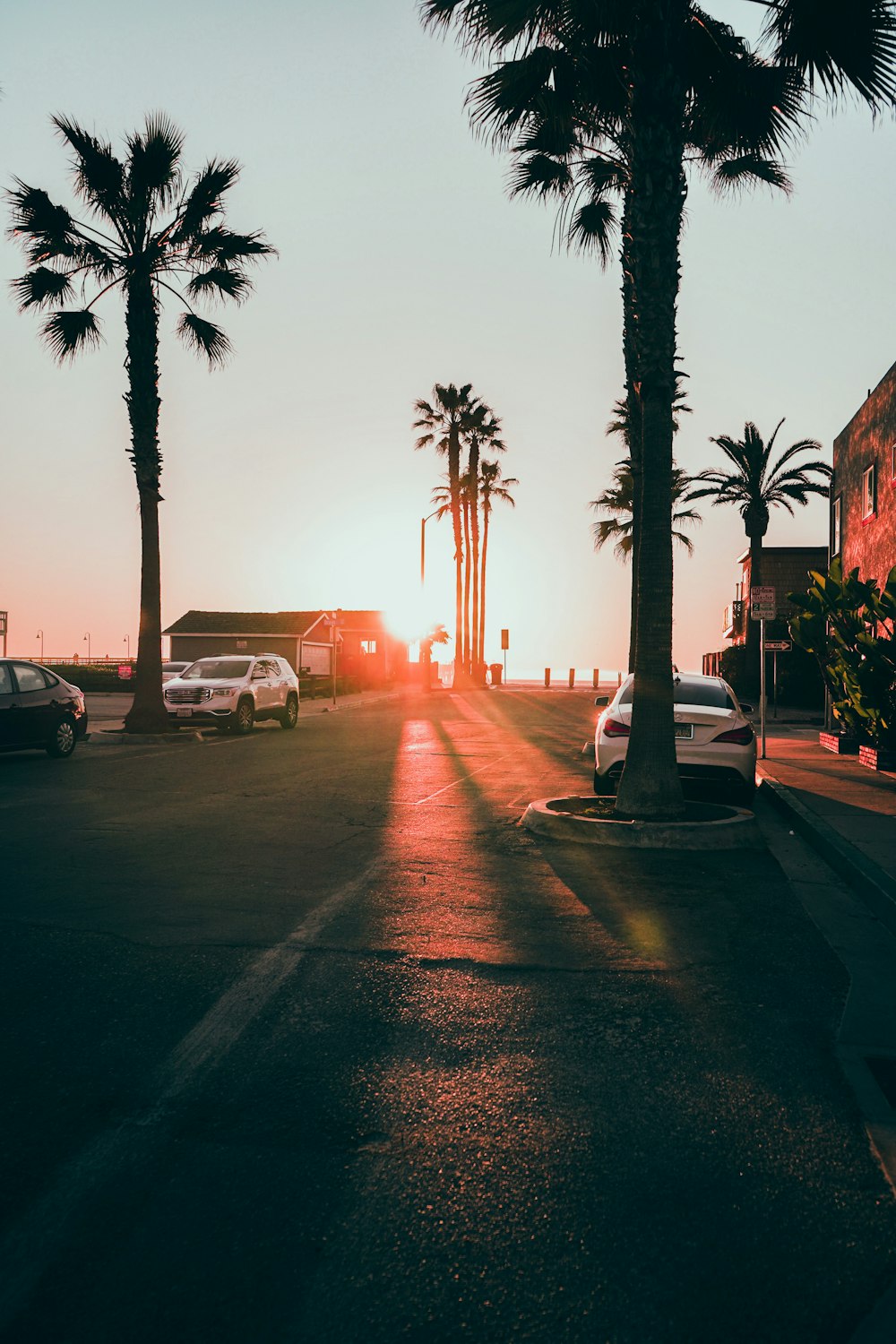 cars parked on the side of the road during sunset