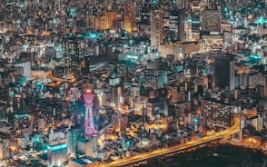 aerial view of city buildings during night time
