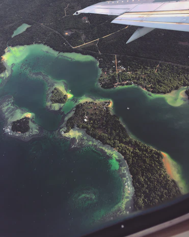 An aerial shot of a plane taking off over a sparkling blue sea coastline.
