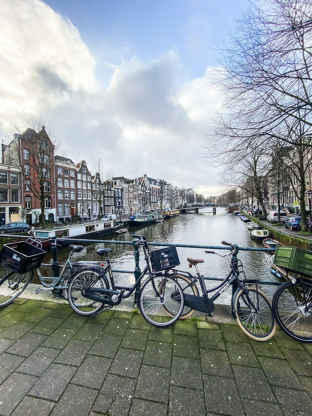 bicycles parked beside body of water near buildings during daytime