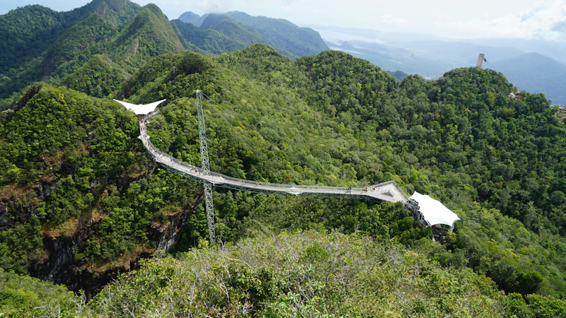 Langkawi Sky Bridge aerial view over green mountains