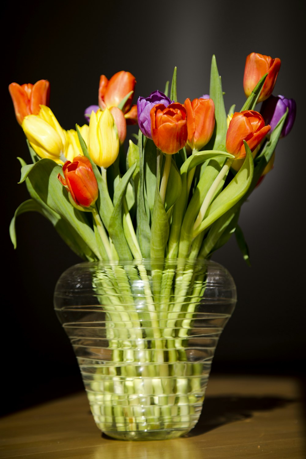 red and yellow tulips in clear glass vase
