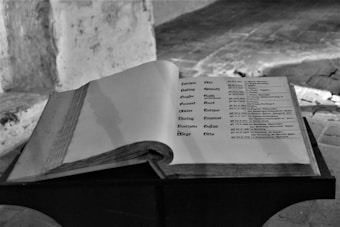 A large open book with Gothic-style text is positioned on a wooden stand. The background consists of a stone or brick wall and a rustic floor, creating a historical or old-fashioned atmosphere.