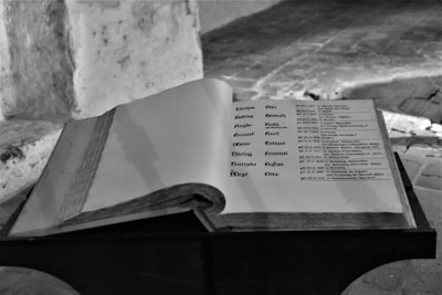 A large open book with Gothic-style text is positioned on a wooden stand. The background consists of a stone or brick wall and a rustic floor, creating a historical or old-fashioned atmosphere.