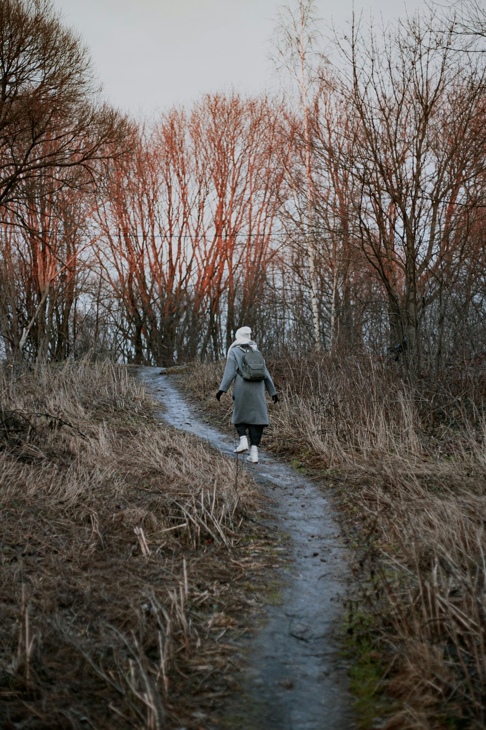 woman in white jacket walking on pathway between bare trees during daytime