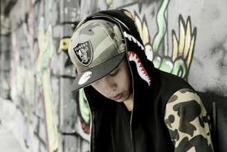 A person wearing a hooded jacket with a shark design on the hood and camouflage patterns on the sleeves is leaning against a graffiti-covered wall. The individual is also wearing a camouflage hat with a sports team logo.