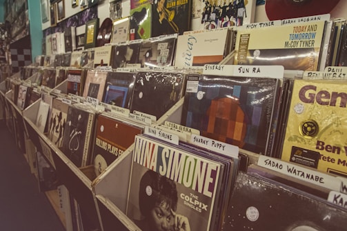 a row of records on display in a store