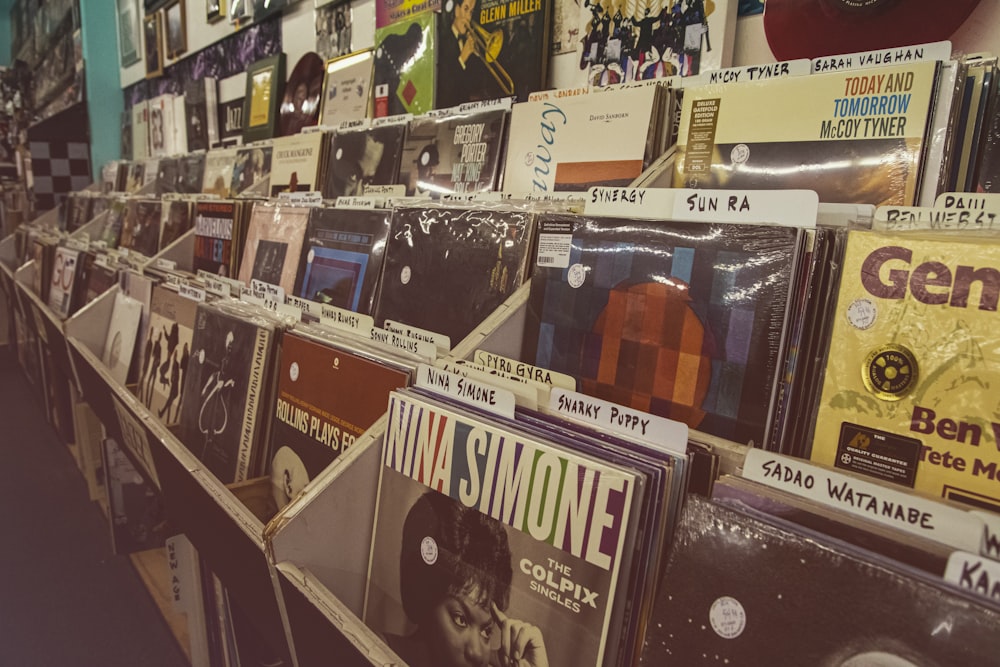 a row of records on display in a store