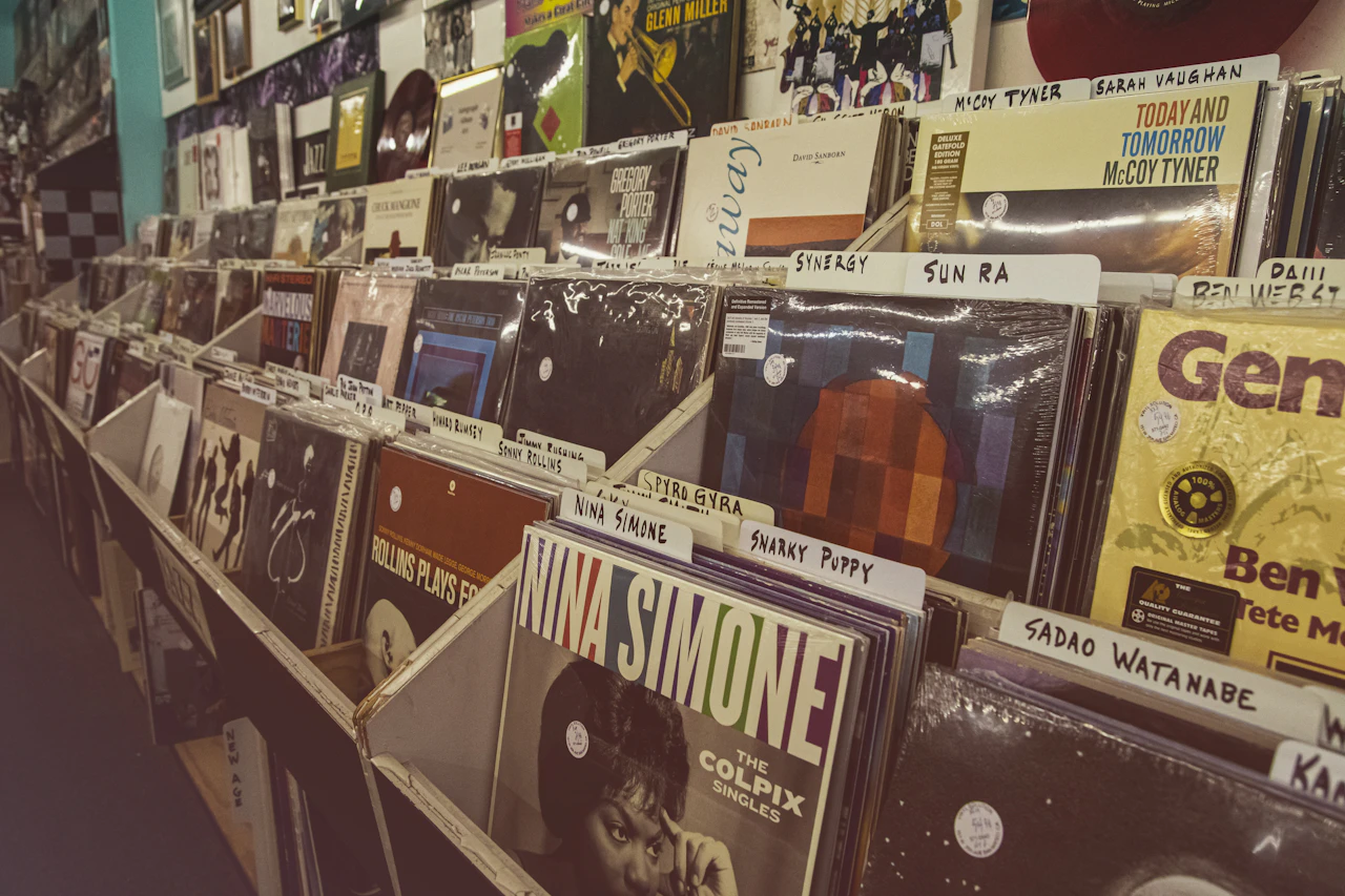 Rows of vinyl records on display in a record shop
