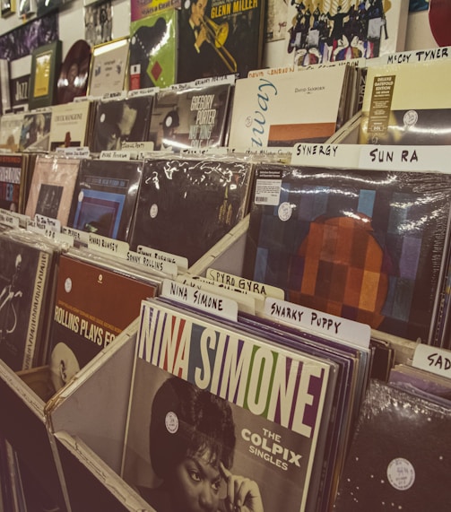 a row of records on display in a store