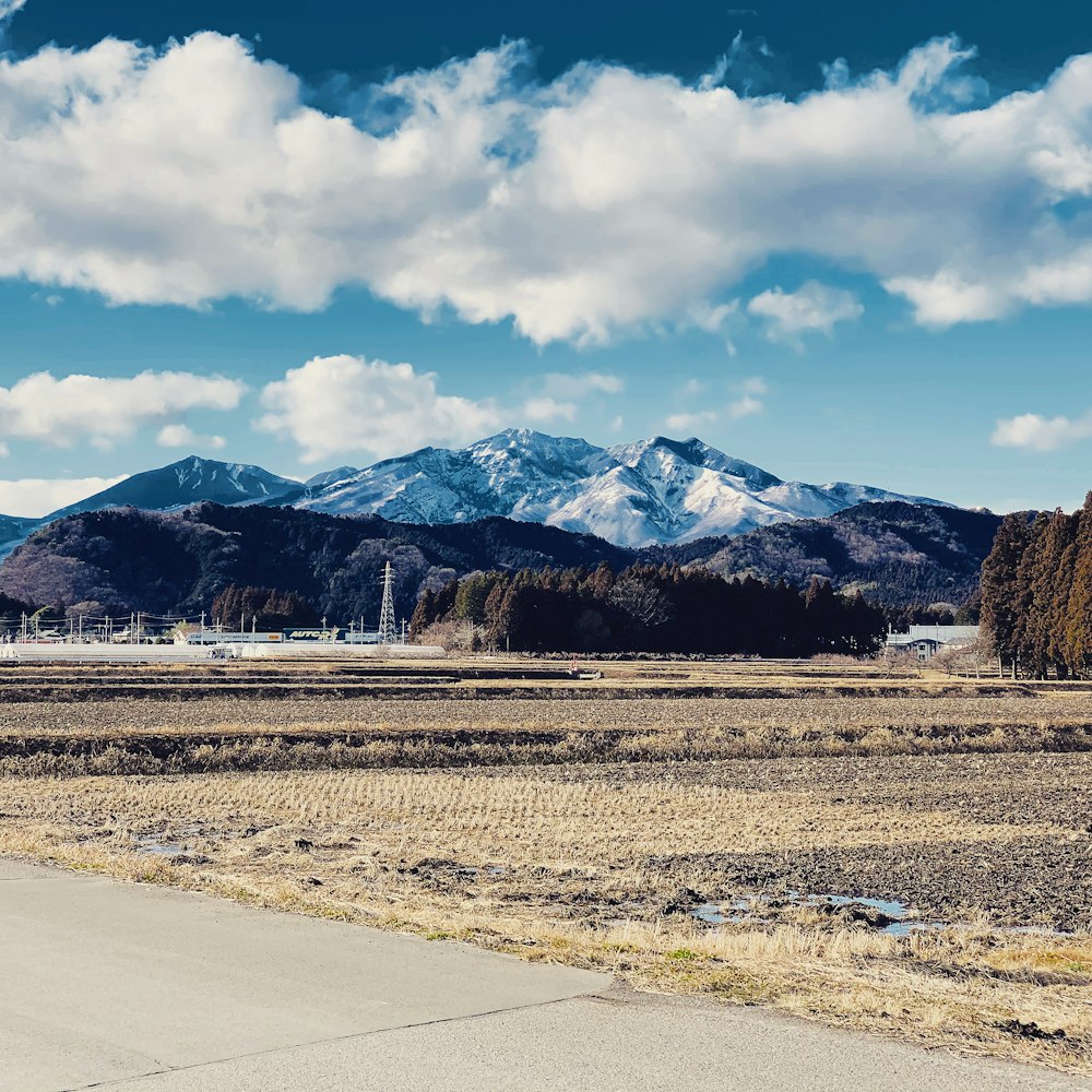 brown grass field near mountain under blue sky during daytime